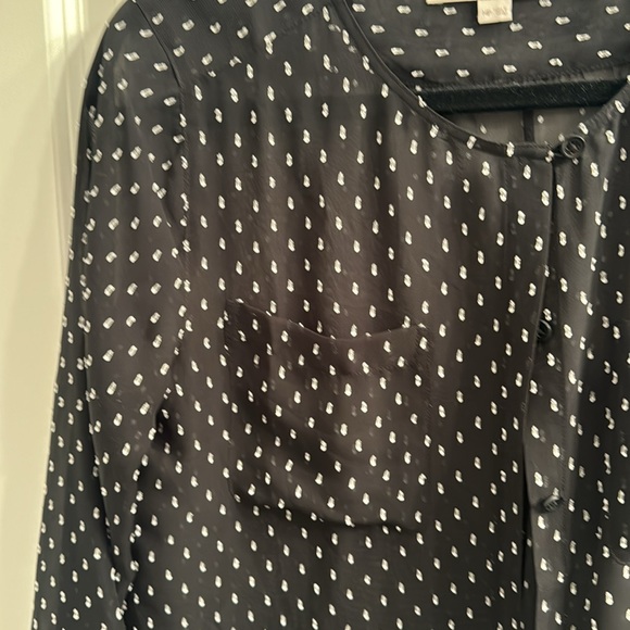 Sheer black Loft blouse with silver ribbon accents. - Picture 6 of 6